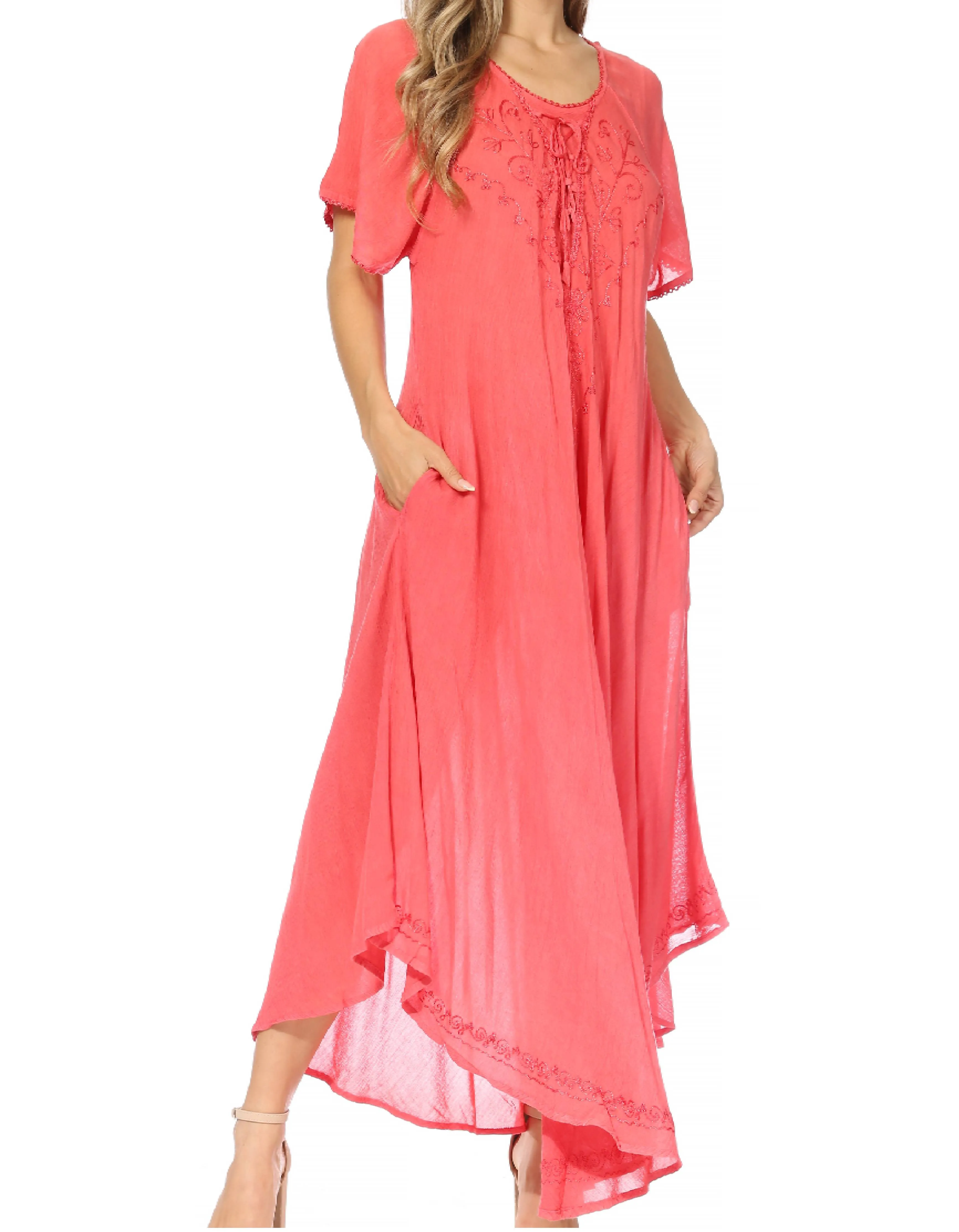 Sakkas Lilia Embroidered Lace Up Bodice Relaxed Fit  Maxi Sun Dress