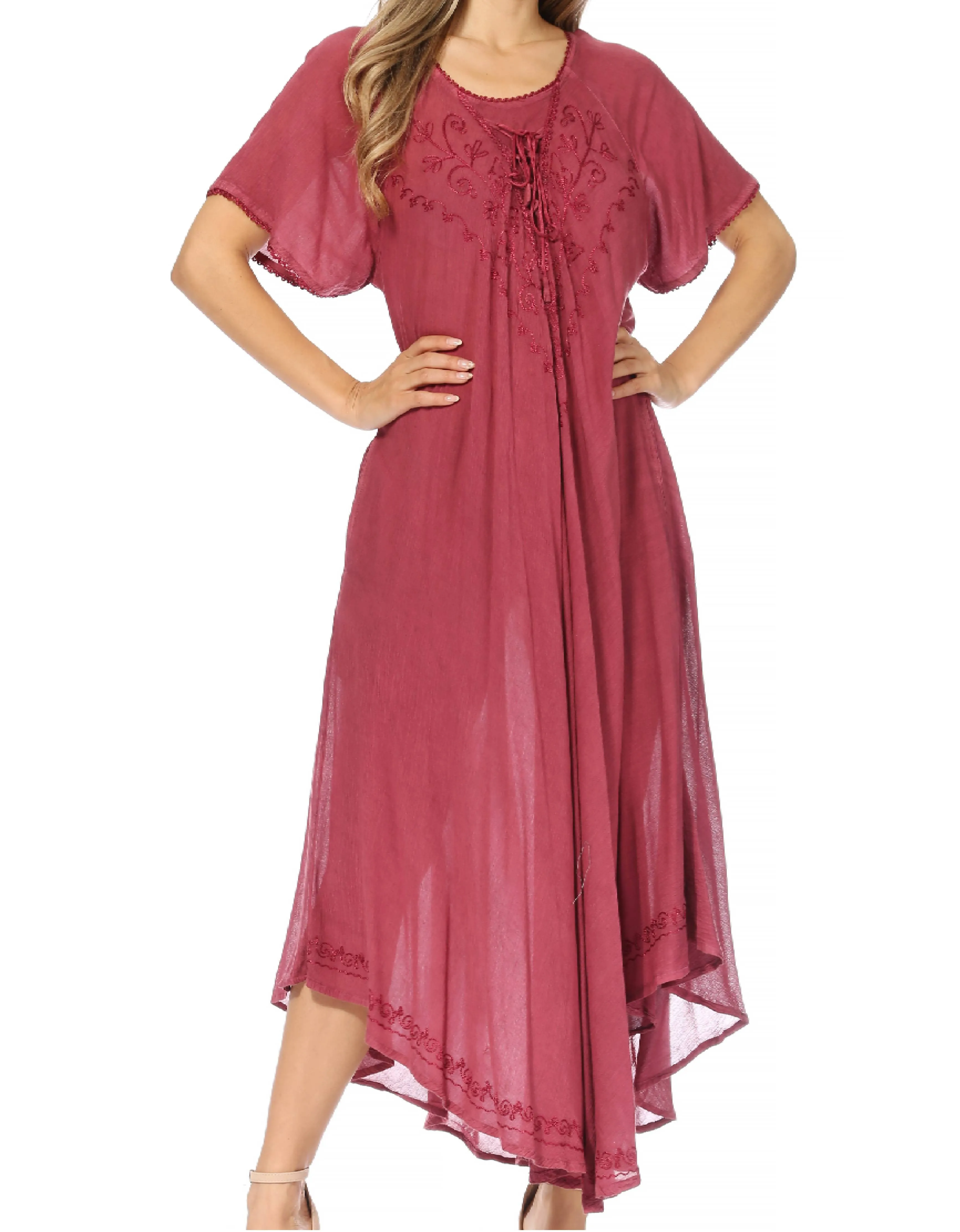 Sakkas Lilia Embroidered Lace Up Bodice Relaxed Fit  Maxi Sun Dress