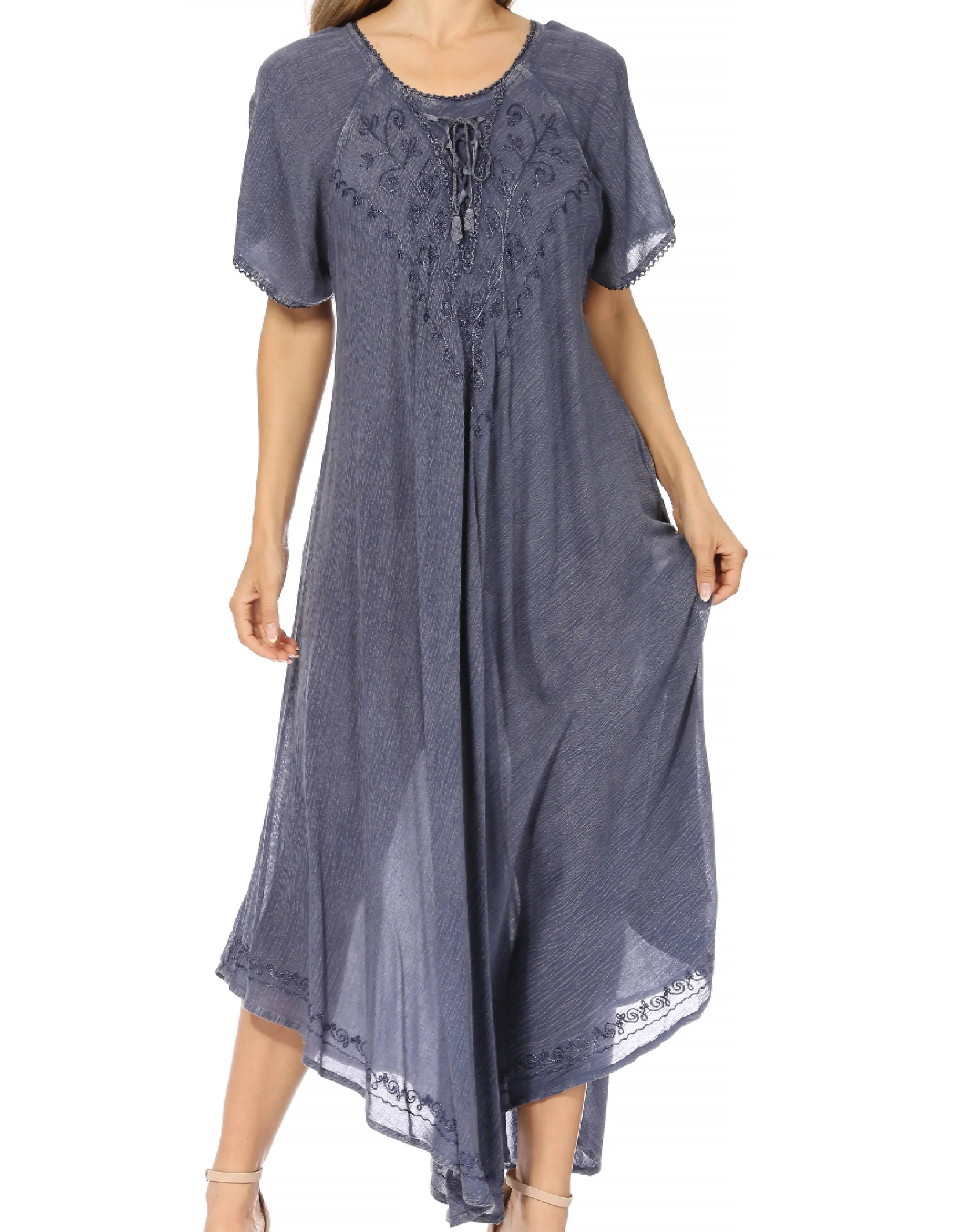 Sakkas Lilia Embroidered Lace Up Bodice Relaxed Fit  Maxi Sun Dress