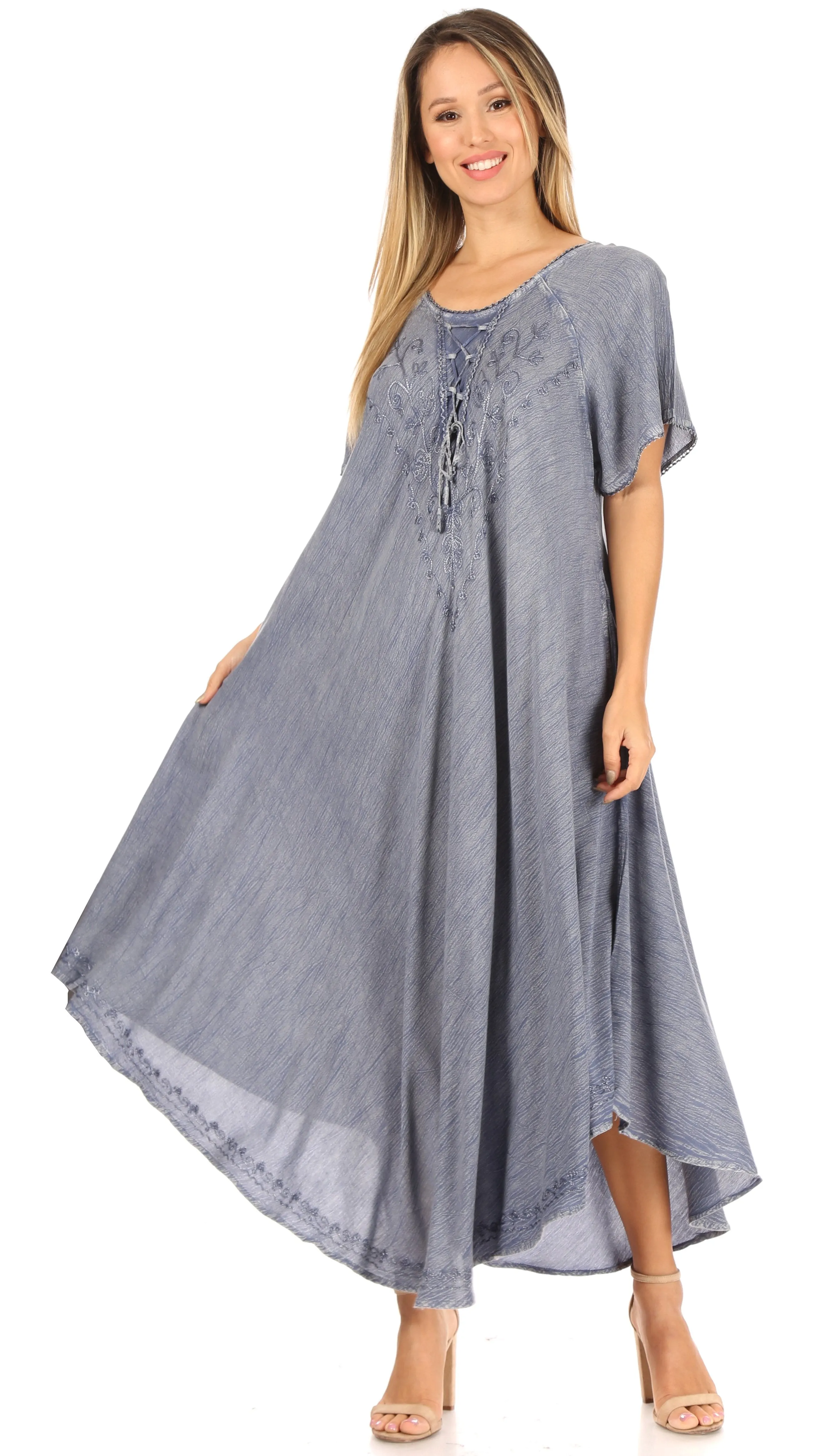 Sakkas Lilia Embroidered Lace Up Bodice Relaxed Fit  Maxi Sun Dress