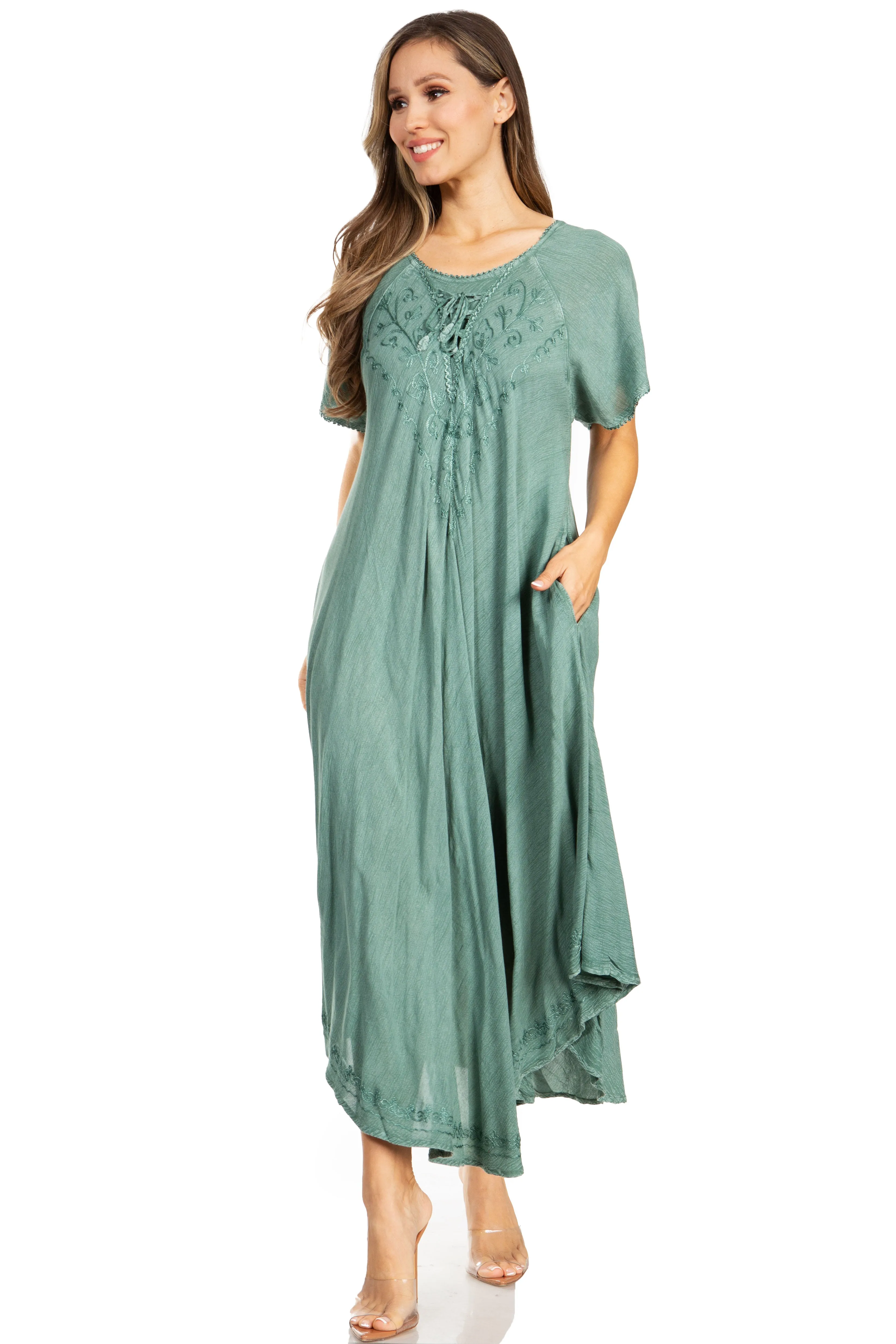 Sakkas Lilia Embroidered Lace Up Bodice Relaxed Fit  Maxi Sun Dress