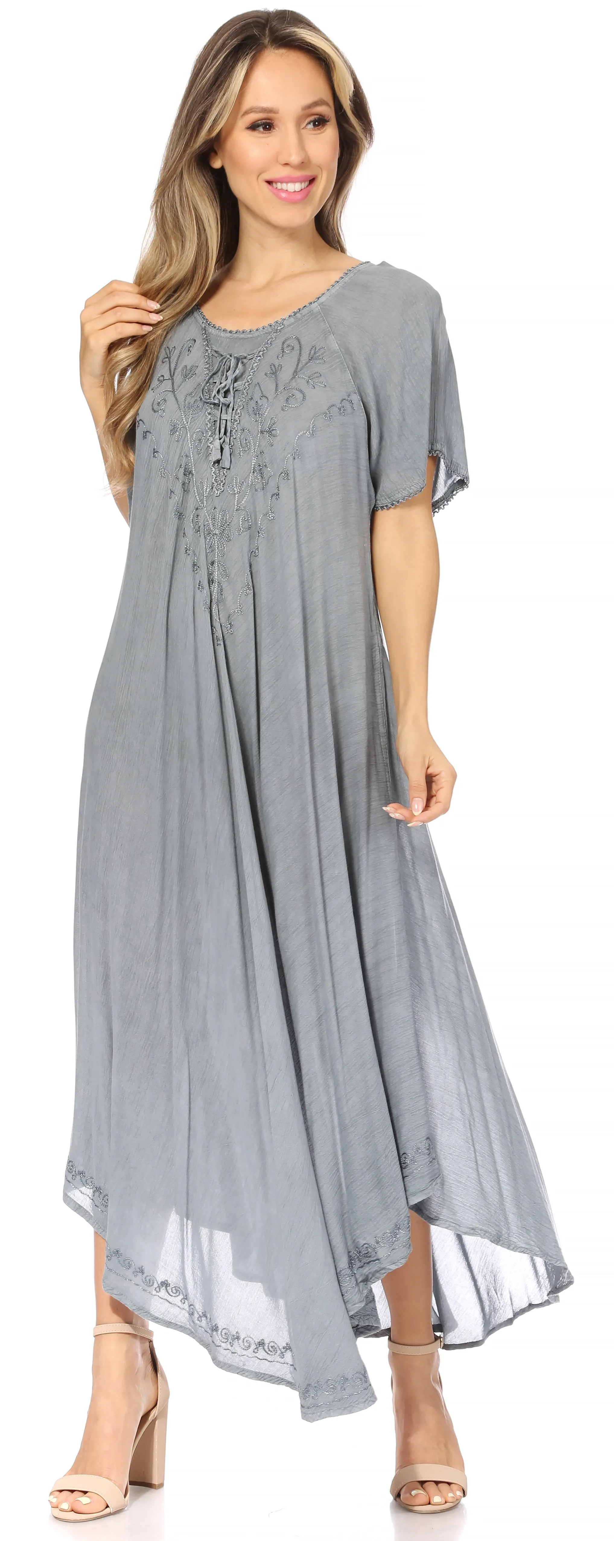 Sakkas Lilia Embroidered Lace Up Bodice Relaxed Fit  Maxi Sun Dress