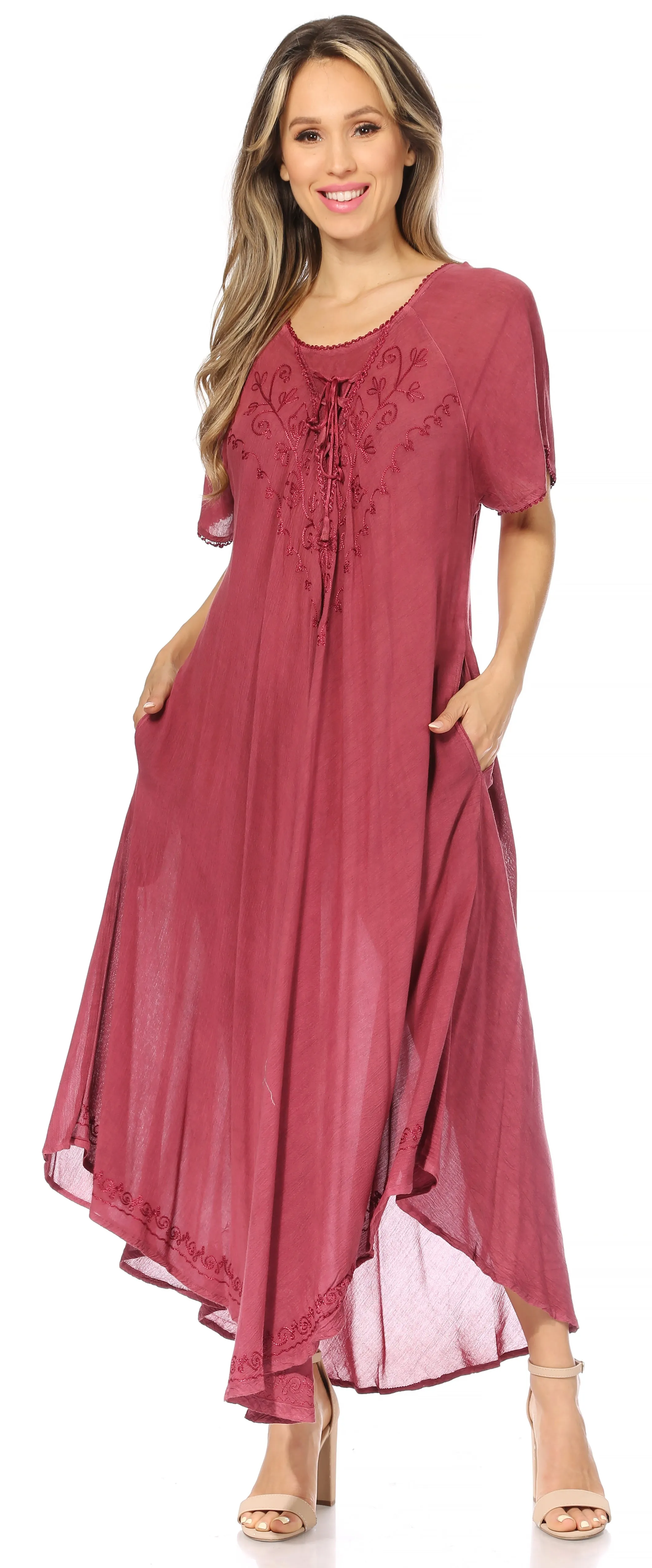 Sakkas Lilia Embroidered Lace Up Bodice Relaxed Fit  Maxi Sun Dress