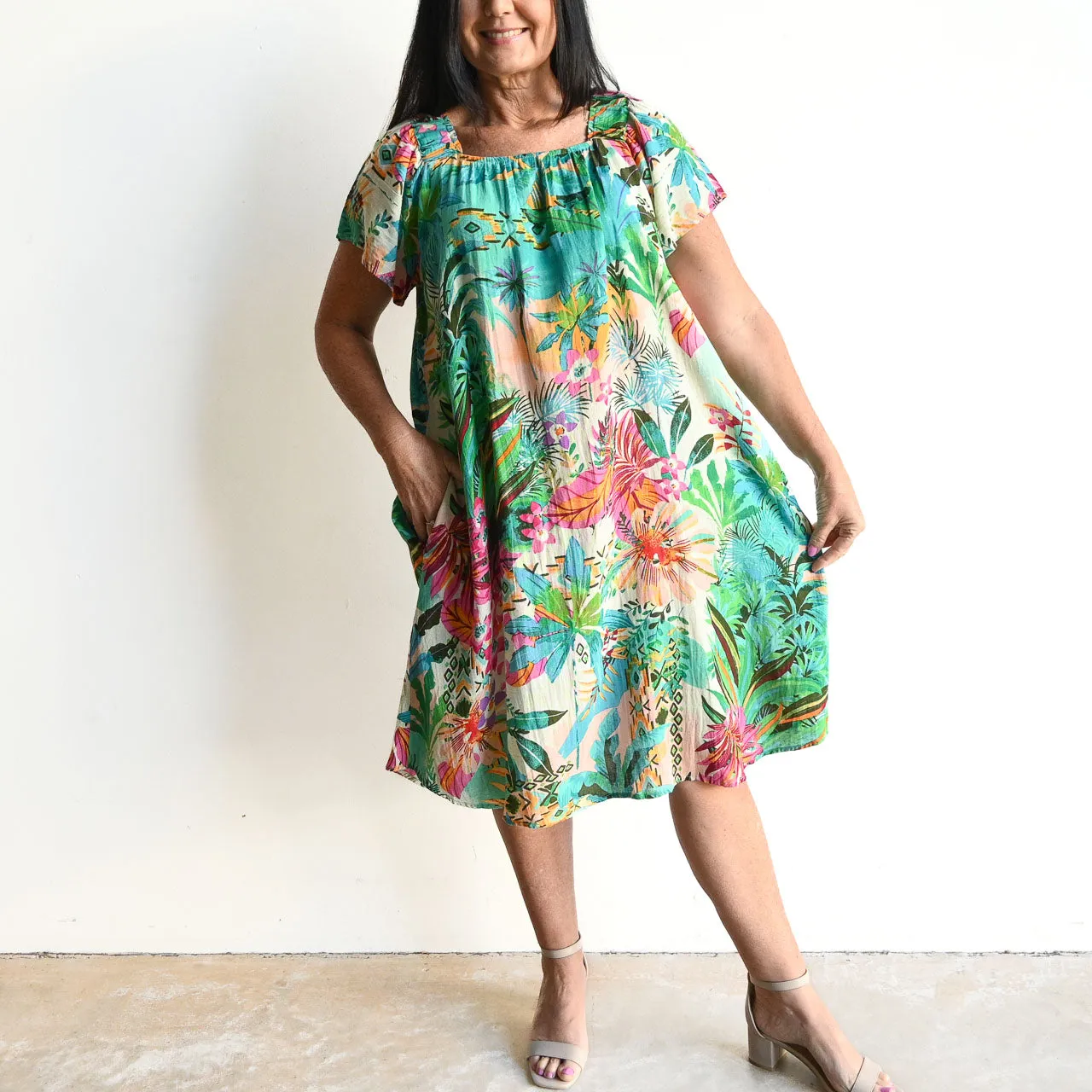 Square Neck Smock Dress by Orientique Australia - Hanalei - 91002