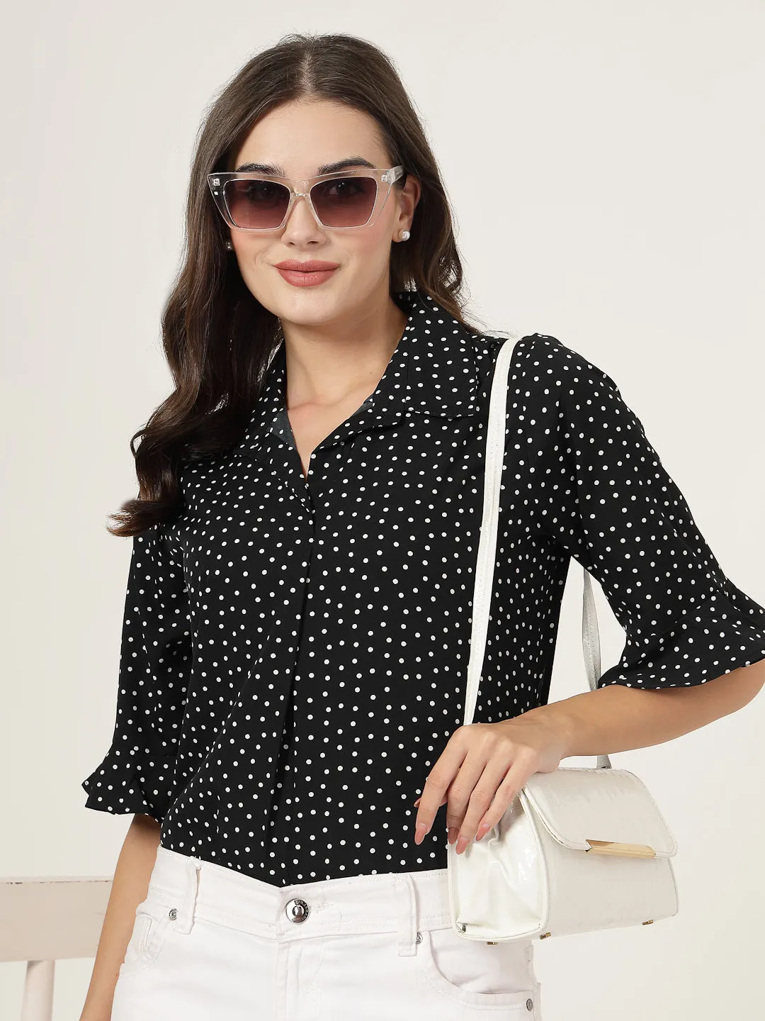 Style Quotient Women black and white Polka Dot Shirt style Top