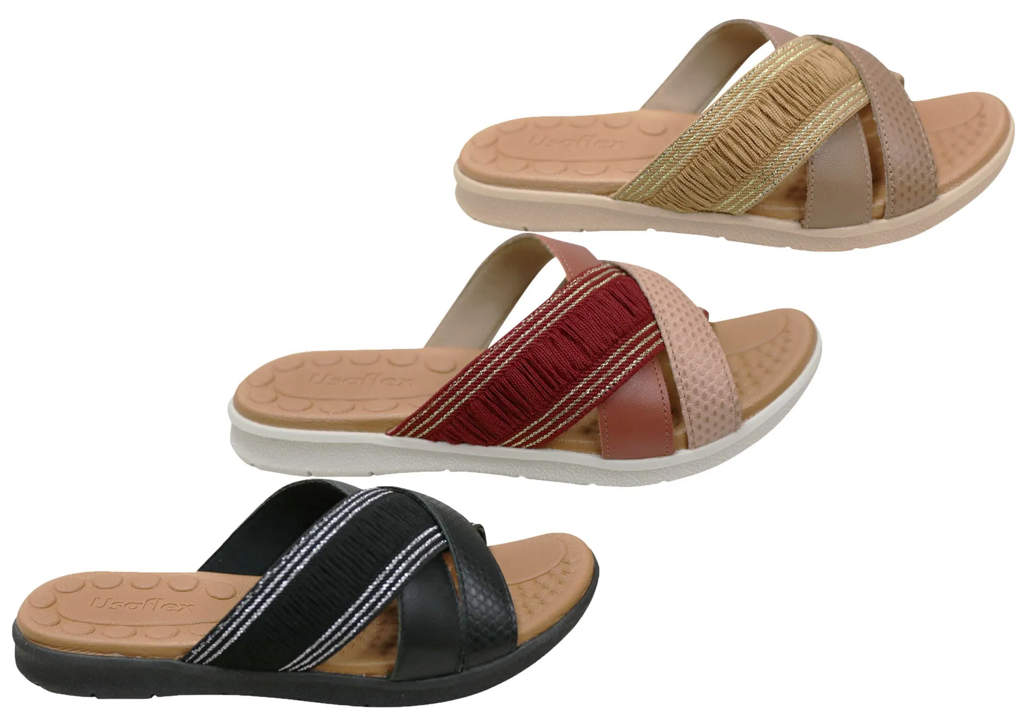 Usaflex Crescent Womens Comfort Leather Slides Sandals Made In Brazil