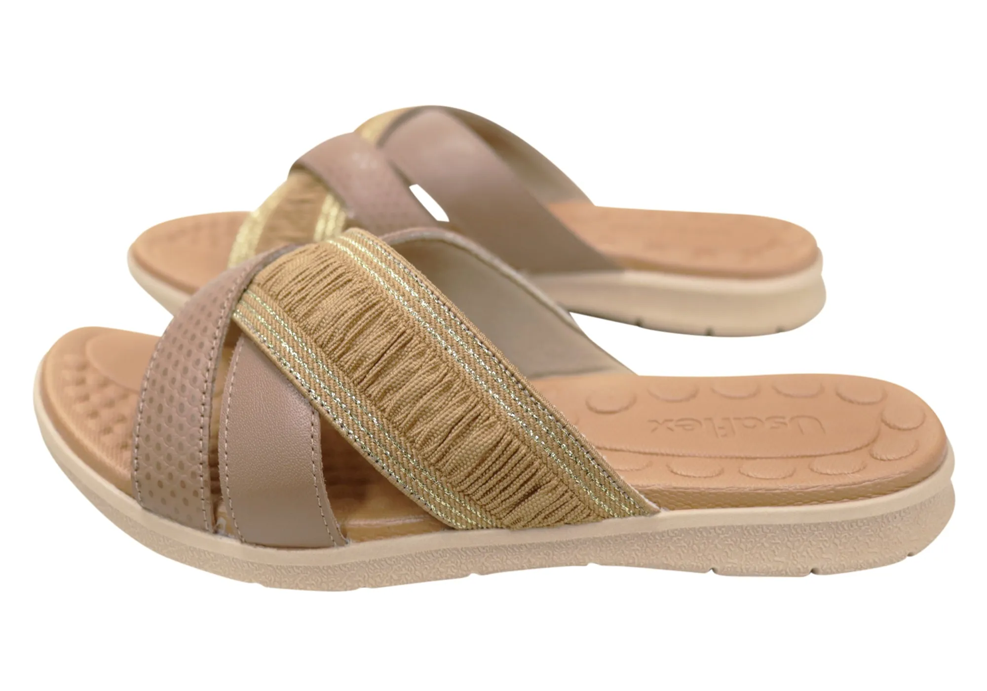 Usaflex Crescent Womens Comfort Leather Slides Sandals Made In Brazil