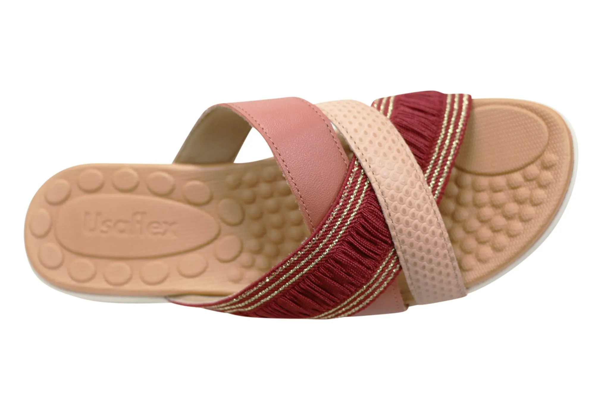 Usaflex Crescent Womens Comfort Leather Slides Sandals Made In Brazil