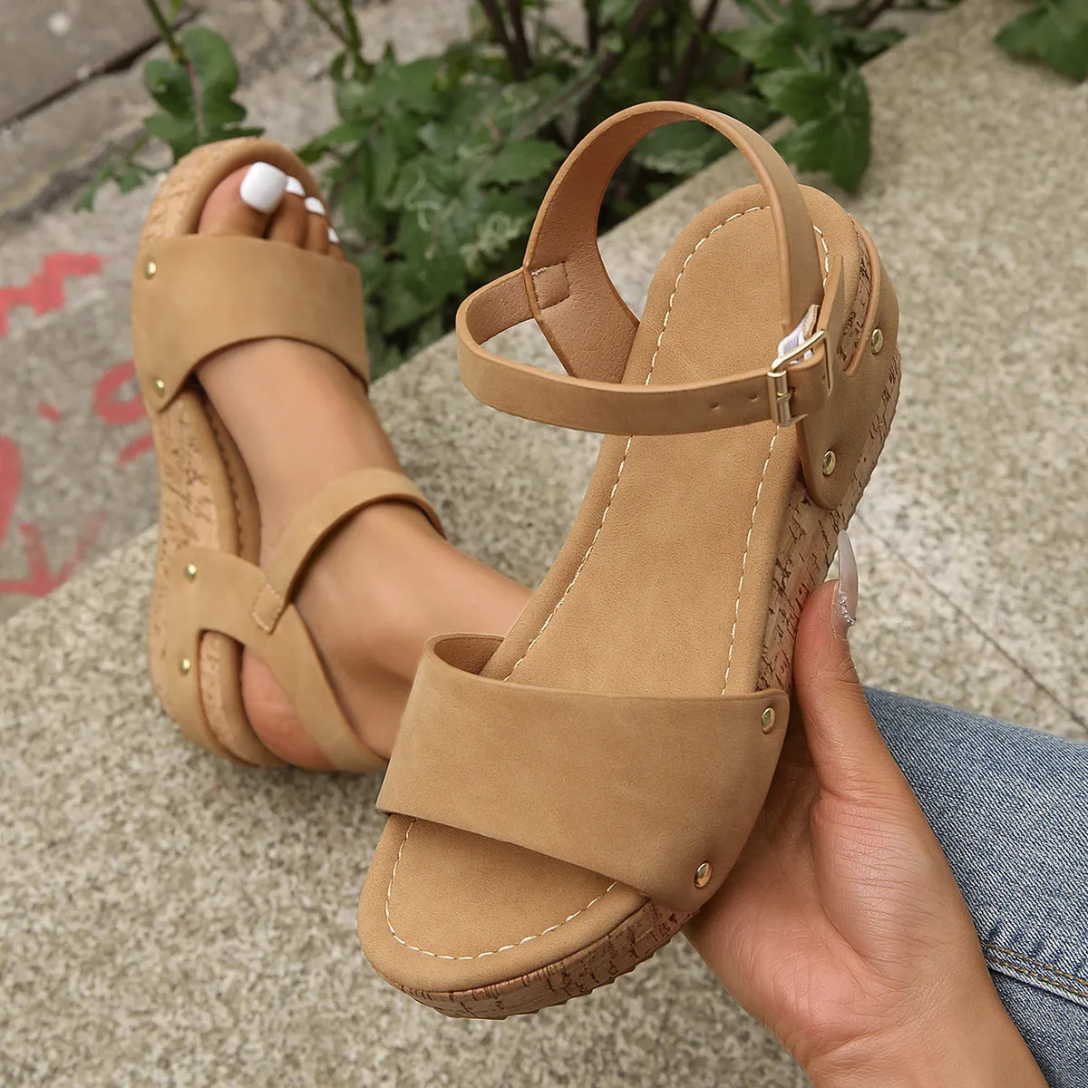 Women platform sandals ankle strap hollow peep toe wedge sandals