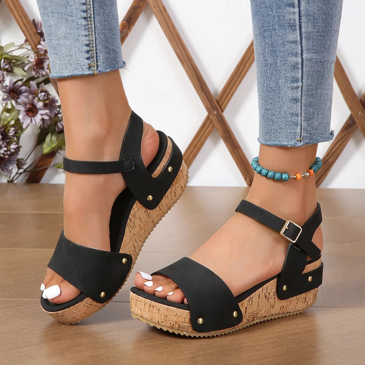 Women platform sandals ankle strap hollow peep toe wedge sandals