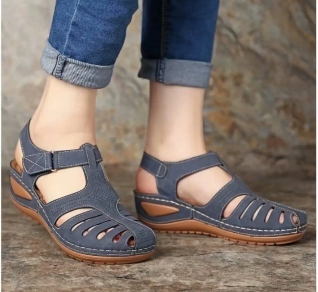 Women Summer Hollow Out Closed Toe Velcro Wedge Sandals