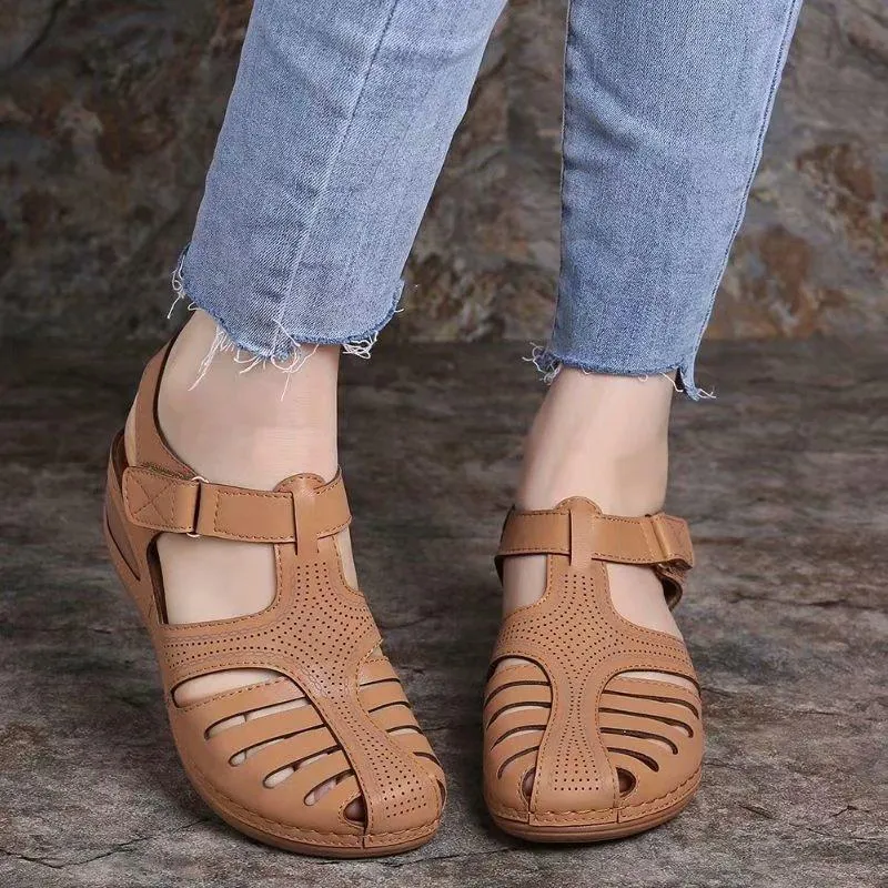 Women Summer Hollow Out Closed Toe Velcro Wedge Sandals