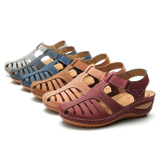 Women Summer Hollow Out Closed Toe Velcro Wedge Sandals