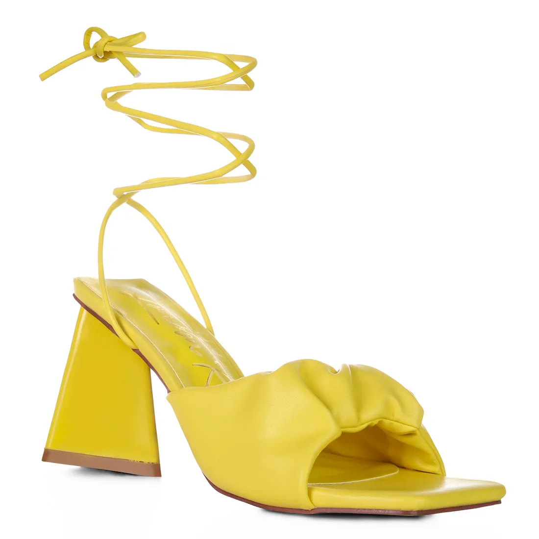 Yellow Ruched Strap Triangular Heel Lace Up Sandal